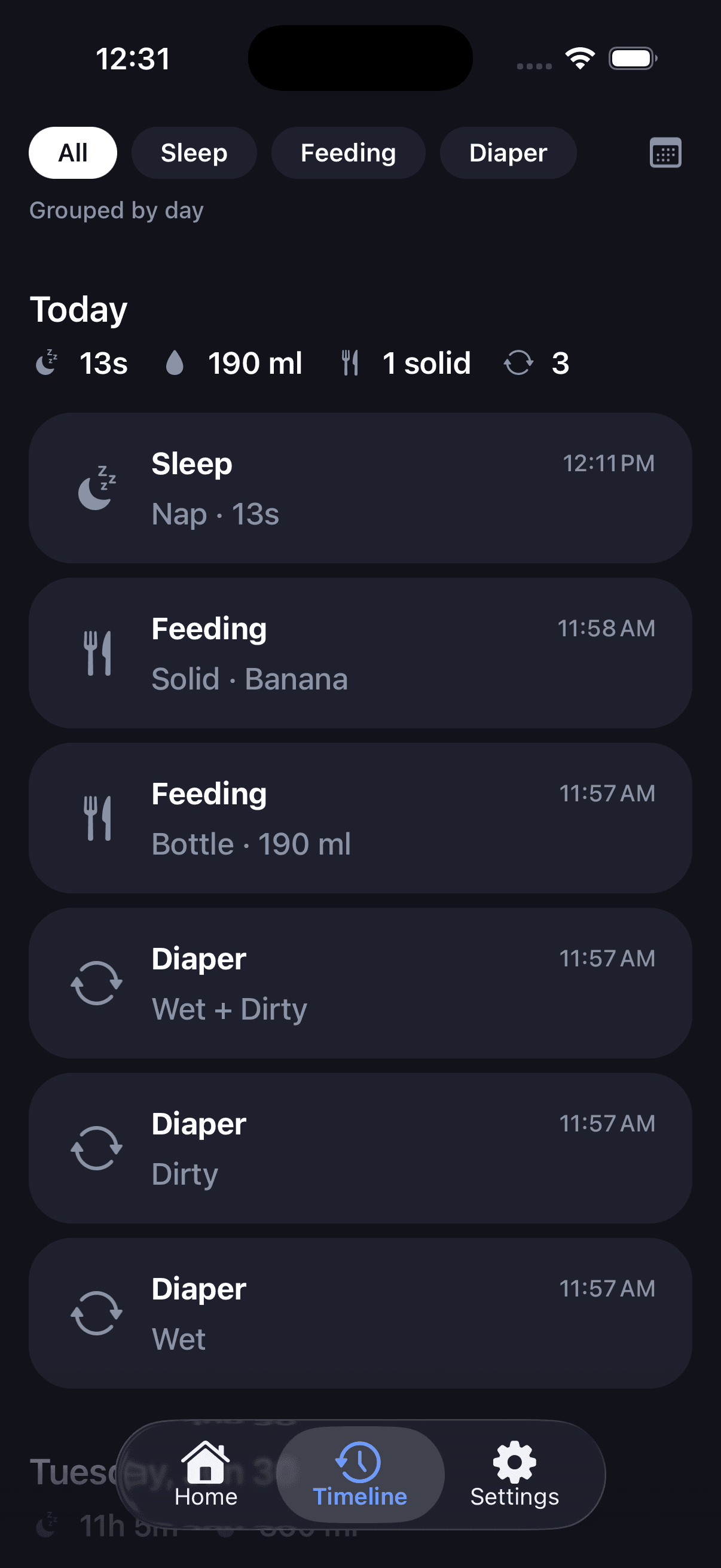 Full timeline grouped by day with sleep, feeding, and diaper filters