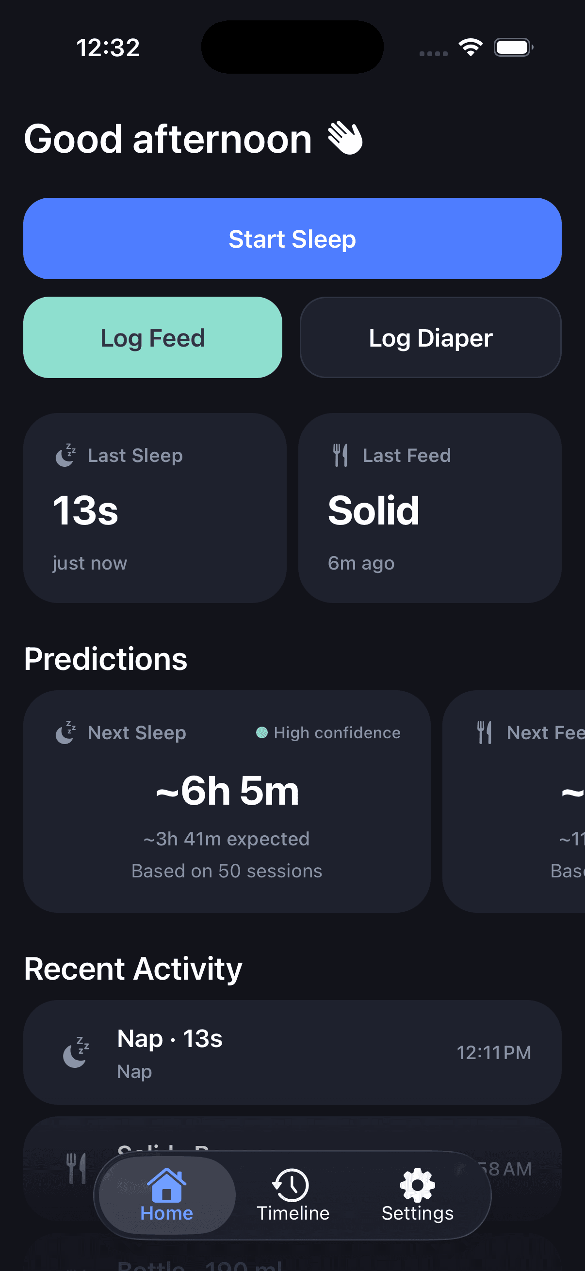 Joni home screen showing quick log buttons, last sleep and feed, and predictions