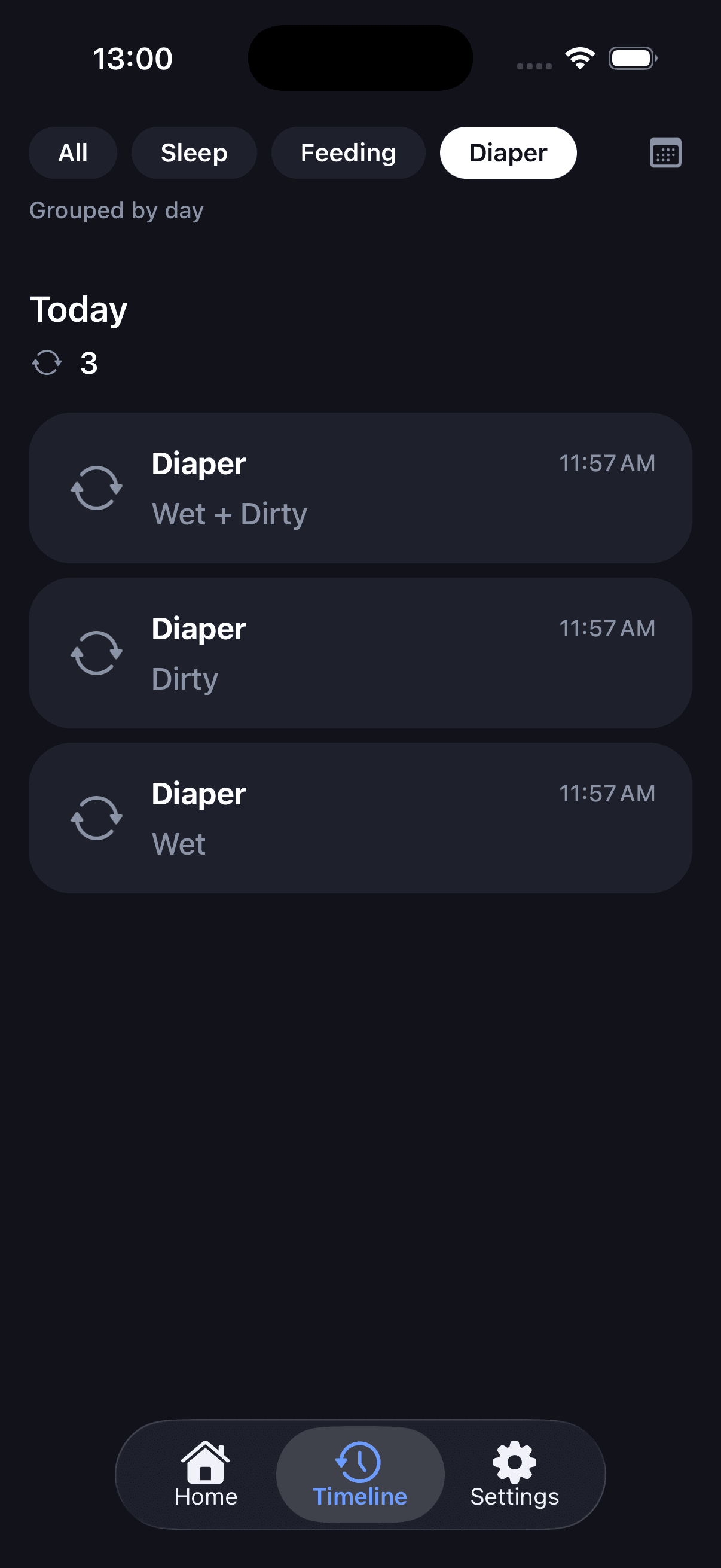 Diaper change timeline showing wet, dirty, and combined logs