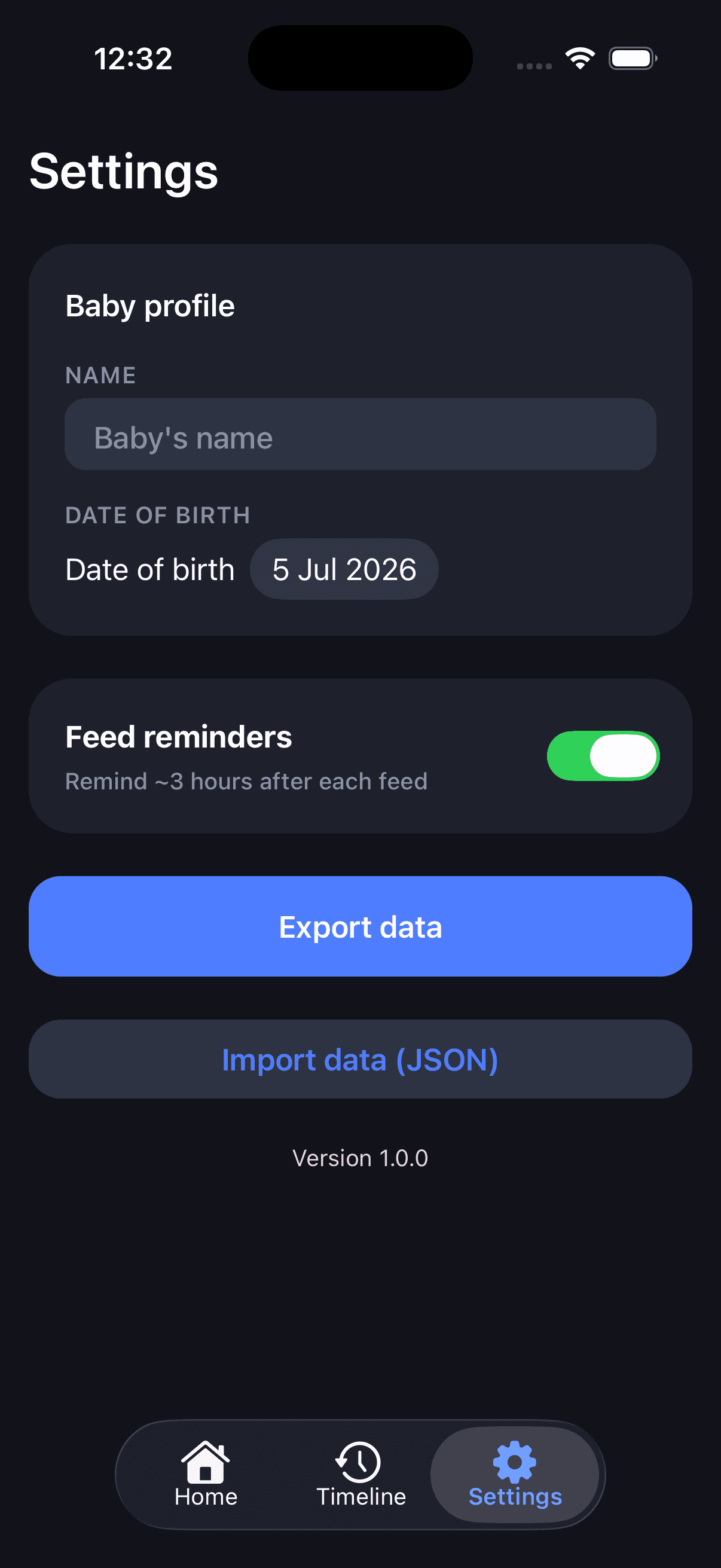 Settings screen with feed reminders and export or import data