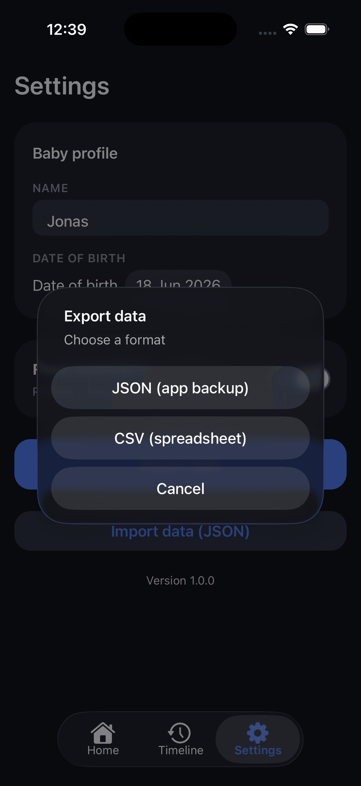 Export data dialog with JSON and CSV format options