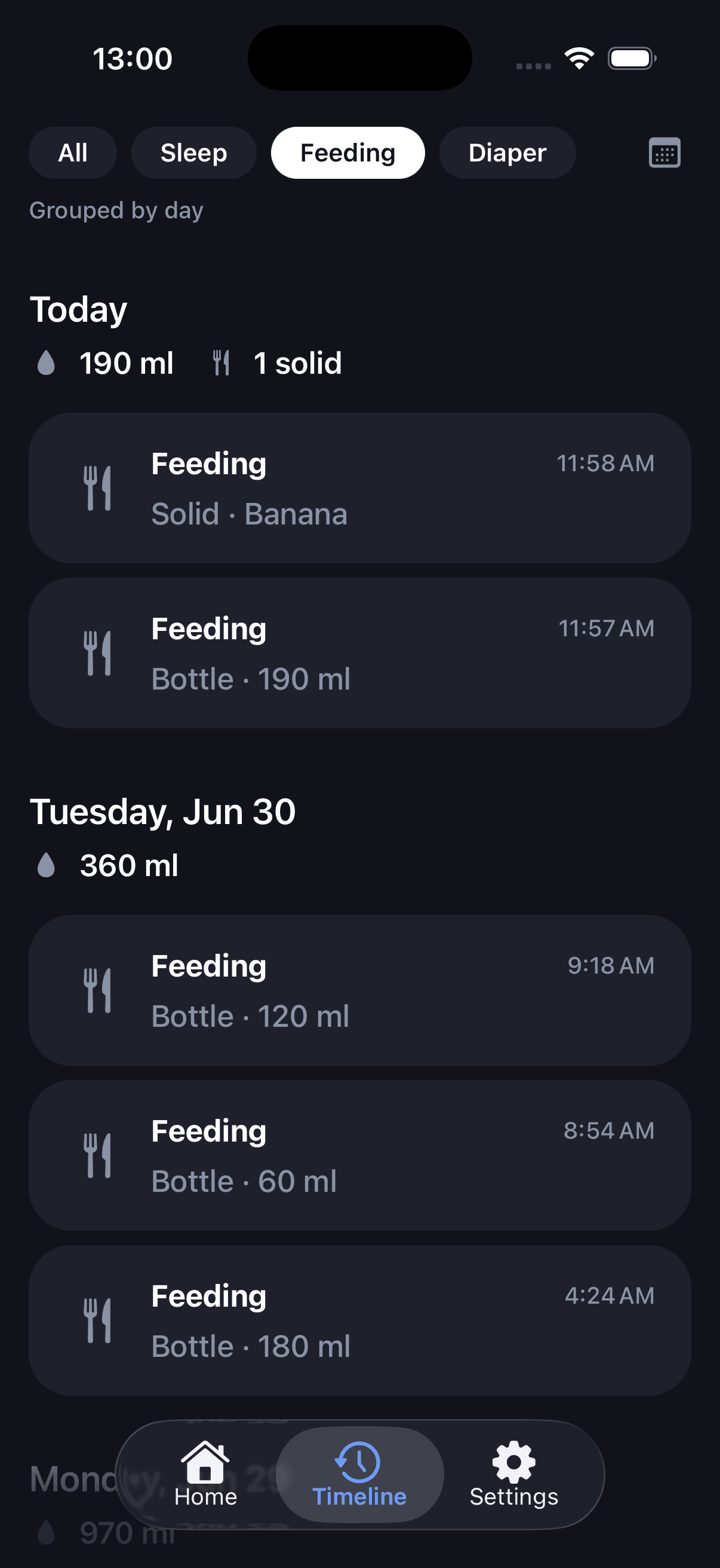 Feeding timeline with bottle and solid food logs grouped by day
