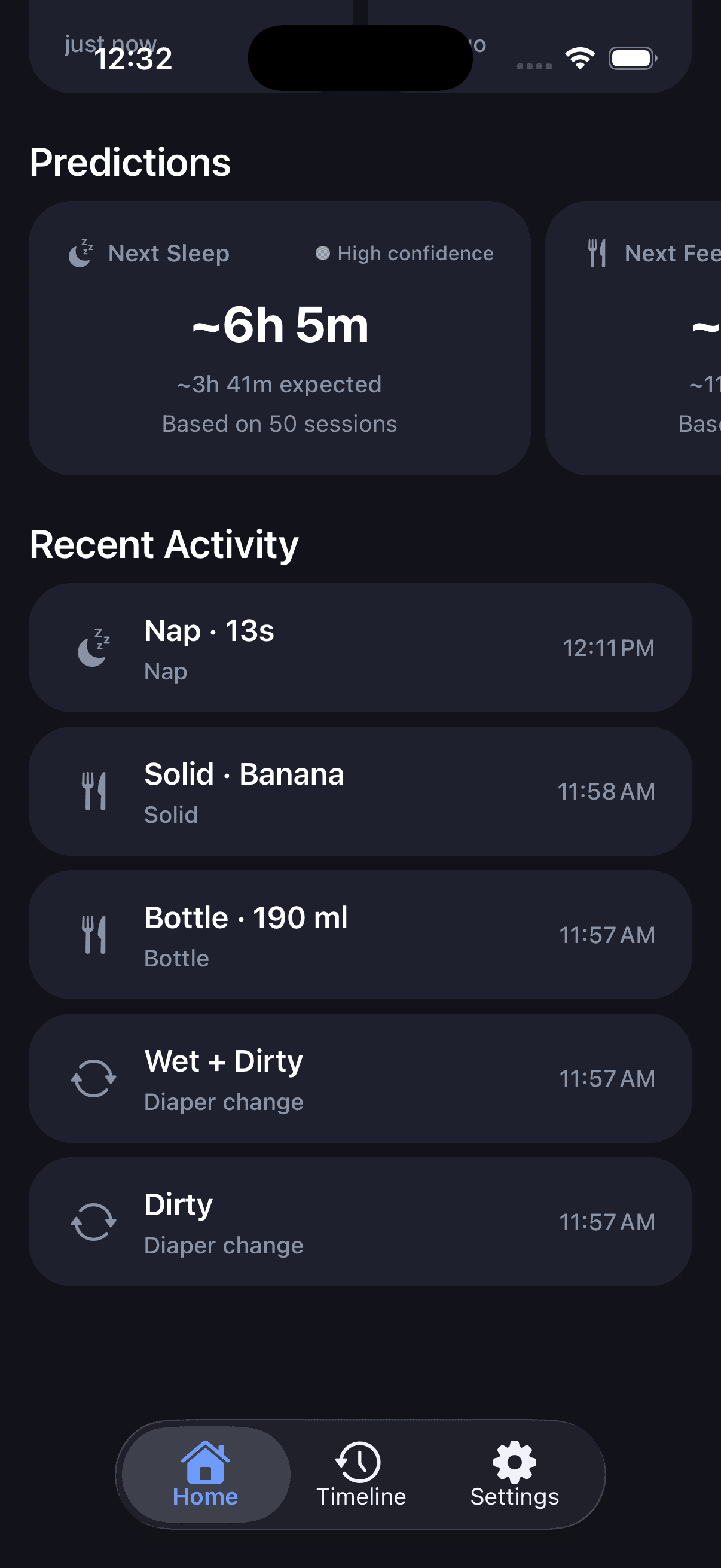 Recent activity timeline with sleep, feeding, and diaper logs