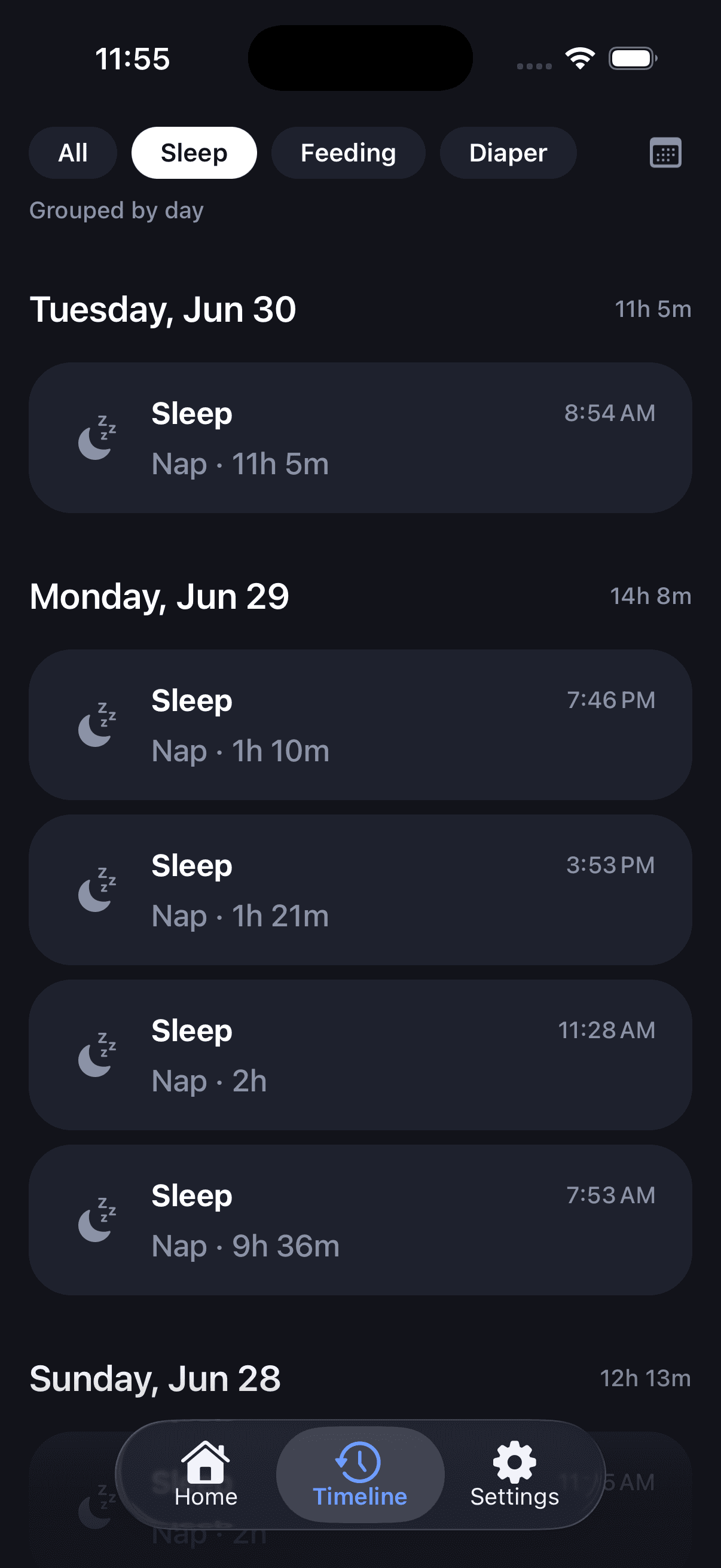 Sleep history grouped by day with nap durations